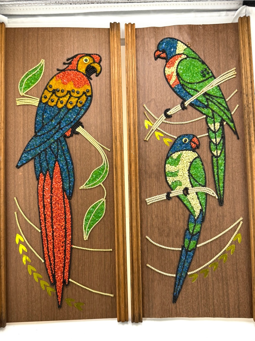 Vintage Mid-Century Modern gravel art panels depicting colorful parrots